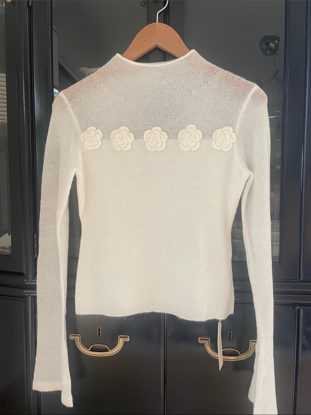 White Knit Long-Sleeve Top with Floral Appliqués
